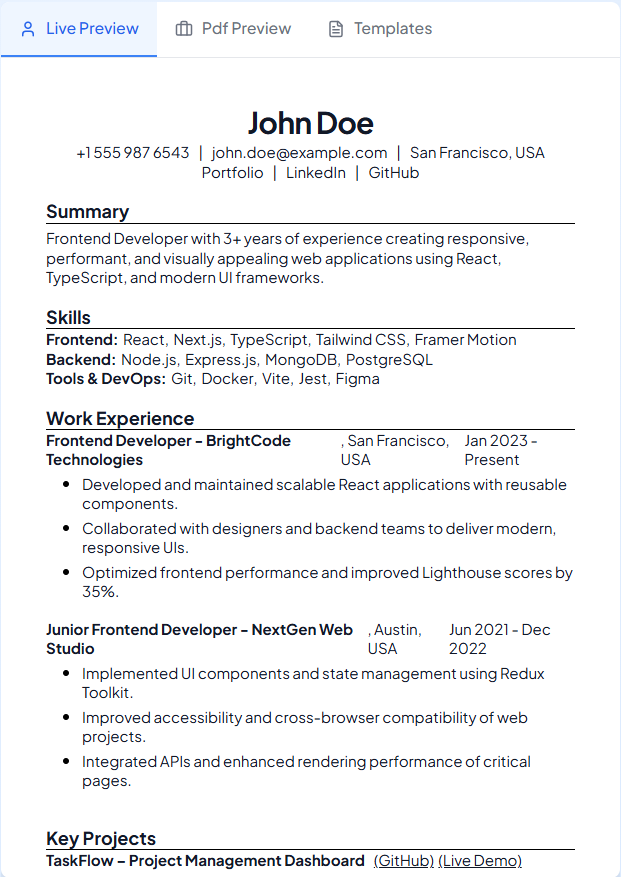 Real Time Resume Preview